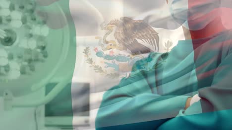 Animation-of-flag-of-mexico-waving-over-surgeon-in-operating-theatre