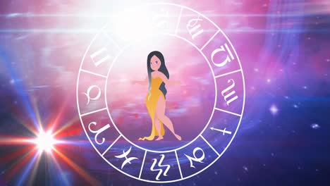 Animation-of-libra-star-sign-with-horoscope-wheel-spinning-over-stars-on-blue-to-purple-background