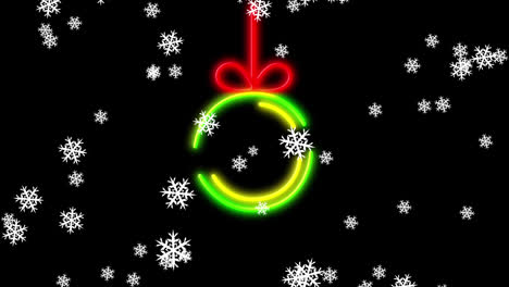 Animation-of-neon-christmas-ball-over-snow-on-black-background