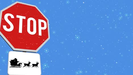 Animation-of-snow-falling-over-stop-sign-with-santa-sleigh-on-blue-background