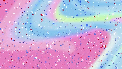 Animation-of-confetti-falling-over-gradient-waving-blue,-pink-and-yellow-background