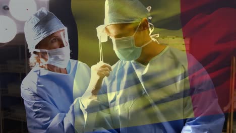Animation-Der-Belgischen-Flagge,-Die-über-Chirurgen-Im-Operationssaal-Weht