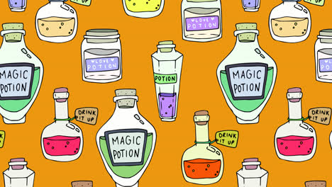 Animation-of-bottles-of-macic-potion-over-orange-background