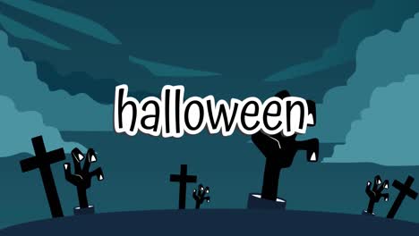 Animation-Von-Halloween-Text-über-Zombie-Hand-Aus-Dem-Boden-Auf-Dem-Friedhof