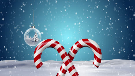 Animation-of-candy-canes-over-christmas-tree-ball-in-winter-scenery