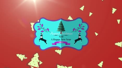 Animation-Von-Weihnachtstext-über-Fallenden-Weihnachtsbäumen-Auf-Rotem-Hintergrund