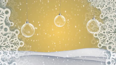 Animation-of-snow-falling-over-christmas-tree-balls-in-winter-scenery
