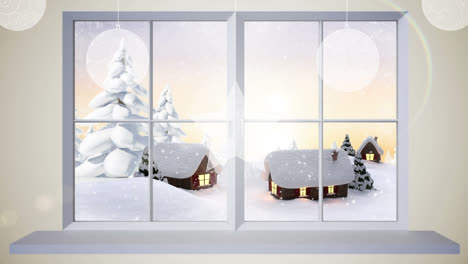Animation-Von-Weihnachtskugeln-Und-Fenster-über-Der-Winterlandschaft