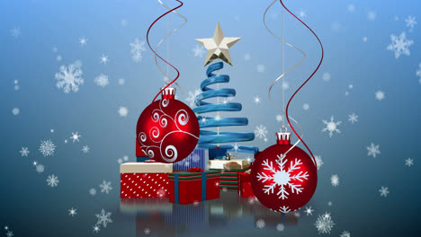Animation-of-snow-falling-over-christmas-baubles-and-christmas-tree-on-blue-background