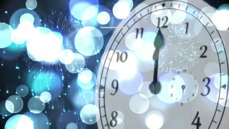 Animation-of-happy-new-year-text-with-fireworks-exploding-and-glowing-spots-over-moving-clock