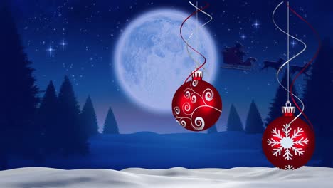 Animation-of-christmas-decoration-and-santa-claus-in-sleigh-with-reindeer-over-winter-landscape