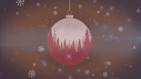 Animation-Von-Schnee,-Der-über-Tannenbäume-In-Weihnachtskugeln-Fällt