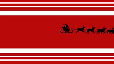 Animation-santa-claus-in-sleigh-with-reindeer-moving-on-red-striped-christmas-background