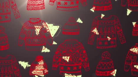 Animation-Eines-Fallenden-Weihnachtsbaums-über-Pulloverdruck-Auf-Schwarzem-Hintergrund