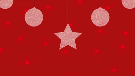 Animation-of-christmas-decoration-and-red-holy-falling-on-red-background