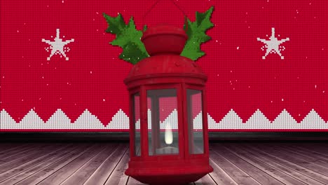 Animation-of-lantern-over-christmas-pattern-and-wooden-floor