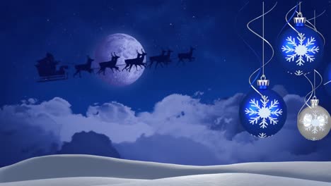Animation-of-christmas-decoration-and-santa-claus-in-sleigh-with-reindeer-over-winter-landscape
