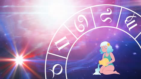 Animation-of-aquarius-star-sign-with-horoscope-wheel-spinning-over-stars-on-purple-background