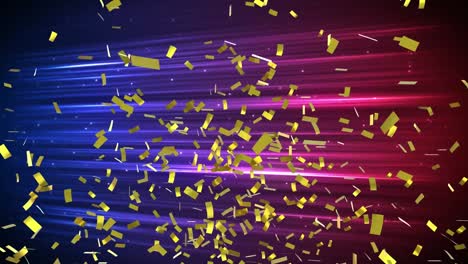 Animation-of-confetti-falling-over-glowing-light-trails-on-pink-to-blue-background