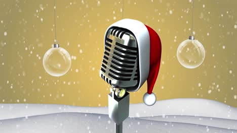 Animation-Eines-Retro-Mikrofons-Mit-Weihnachtsmütze-über-Einer-Winterlandschaft-Auf-Gelbem-Hintergrund
