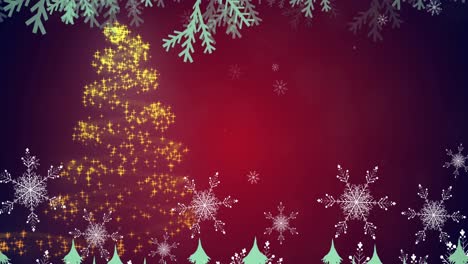 Animation-of-snow-falling-over-christmas-symbols-on-red-background