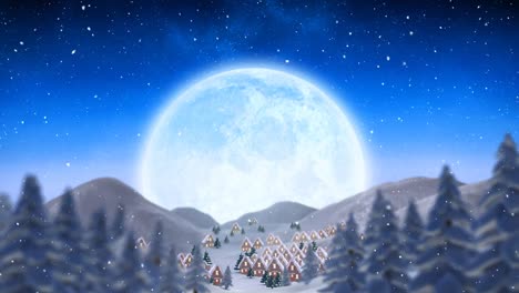 Animación-De-Nieve-Cayendo-Sobre-Casas-Cubiertas-De-Nieve-Decoradas-Con-Luces-Navideñas-Y-Luna
