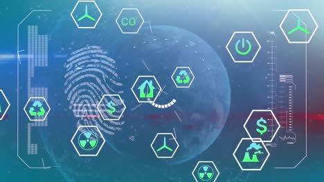Animation-of-ecology-icons-over-biometric-fingerprint-and-globe