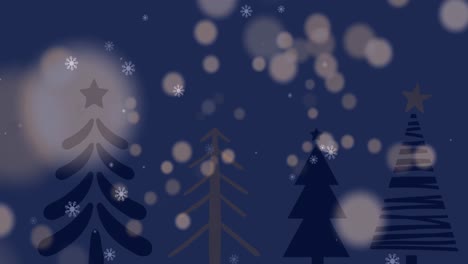 Animation-Von-Schnee,-Der-über-Tannenbäume-Auf-Dunklem-Hintergrund-Fällt