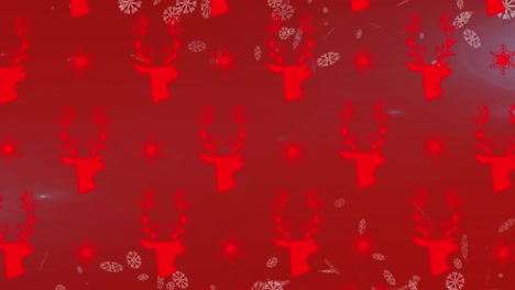 Animation-of-falling-snow-and-christmas-reindeer-pattern-over-red-background