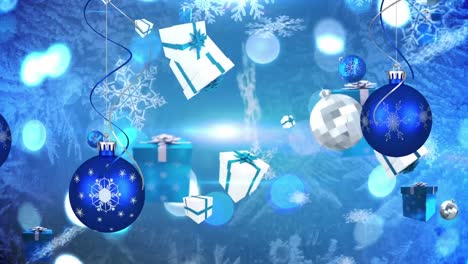 Animation-Von-Christbaumkugeln-über-Weihnachtssymbolen-Auf-Blauem-Hintergrund