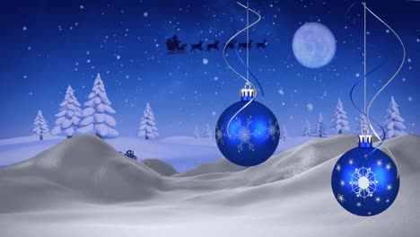 Animation-Der-Weihnachtsdekoration-Und-Des-Weihnachtsmanns-Im-Schlitten-Mit-Rentieren-über-Der-Winterlandschaft