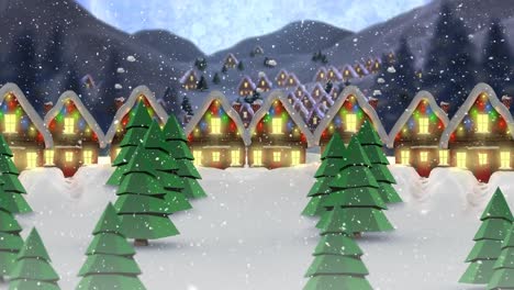 Animation-Von-Schnee,-Der-über-Schneebedeckte-Häuser-Fällt,-Die-Mit-Weihnachtslichterketten-Geschmückt-Sind