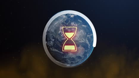 Animation-of-loading-hourglass-and-circle-icon-over-globe