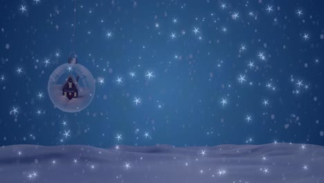 Animation-of-stars-falling-over-snow-globe-on-dark-background
