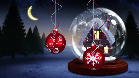 Animation-Von-Weihnachtskugeln-Und-Schneekugel-Mit-Haus-über-Winterlandschaft