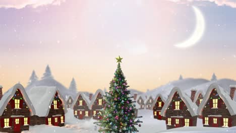 Animation-of-snow-falling-over-houses-covered-in-snow-decorated-with-fairy-lights-and-christmas-tree