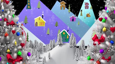 Animation-of-fir-trees-and-houses-in-winter-scenery