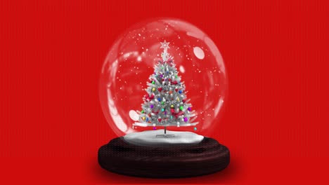 Animation-Eines-Weihnachtsbaums-In-Einer-Schneekugel-Auf-Rotem-Hintergrund