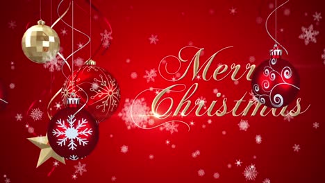 Animation-of-snow-falling-over-merry-christmas-text-and-christmas-tree-decorations-on-red-background