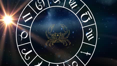 Animation-of-cancer-star-sign-with-horoscope-wheel-spinning-over-stars-on-blue-background