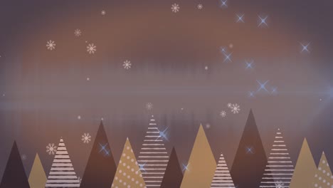 Animation-of-snow-falling-over-fir-trees-on-dark-background
