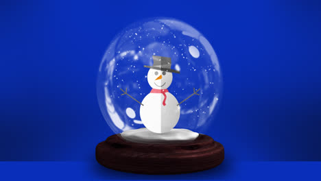 Animation-Einer-Weihnachtlichen-Schneekugel-Mit-Schneemann-Auf-Blauem-Hintergrund