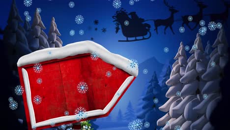 Animation-of-reed-wooden-sign-over-winter-scenery-and-santa-claus-i-sleigh