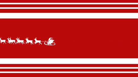 Animation-santa-claus-in-sleigh-with-reindeer-moving-on-red-striped-christmas-background