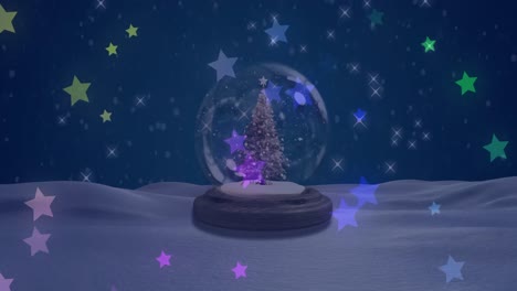 Animation-of-stars-falling-over-snow-globe-on-dark-background