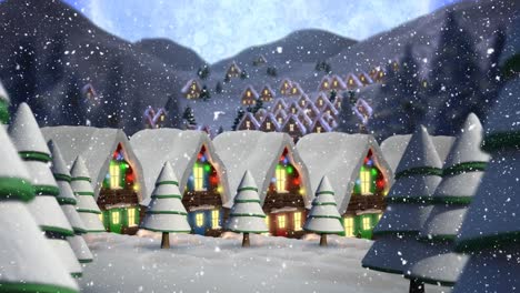 Animation-Von-Schnee,-Der-über-Schneebedeckte-Häuser-Fällt,-Die-Mit-Weihnachtslichtern-Und-Mond-Geschmückt-Sind