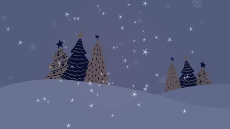 Animation-of-stars-falling-over-fir-trees-on-dark-background
