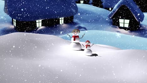 Animation-Von-Schnee,-Der-über-Lächelnde-Zwei-Schneemänner-In-Einer-Winterlandschaft-Fällt