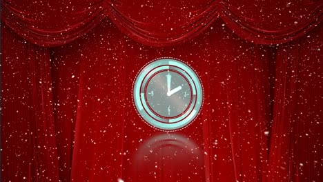 Animation-of-snow-falling-and-moving-clock-over-red-curtain