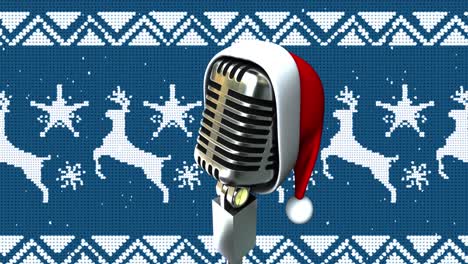 Animation-of-retro-microphone-with-santa-hat-over-christmas-pattern-on-blue-background